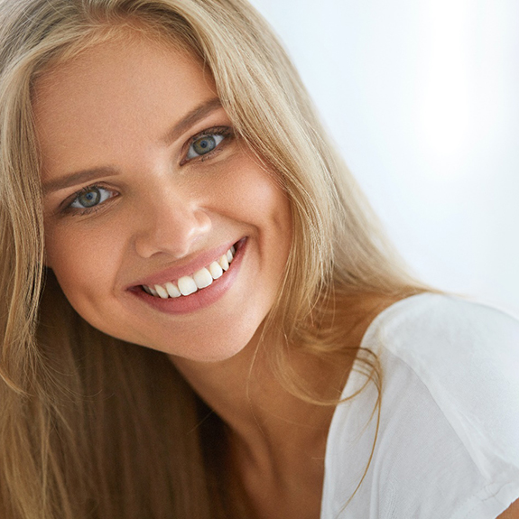 closeup of woman smiling after cosmetic dentistry in Weatherford