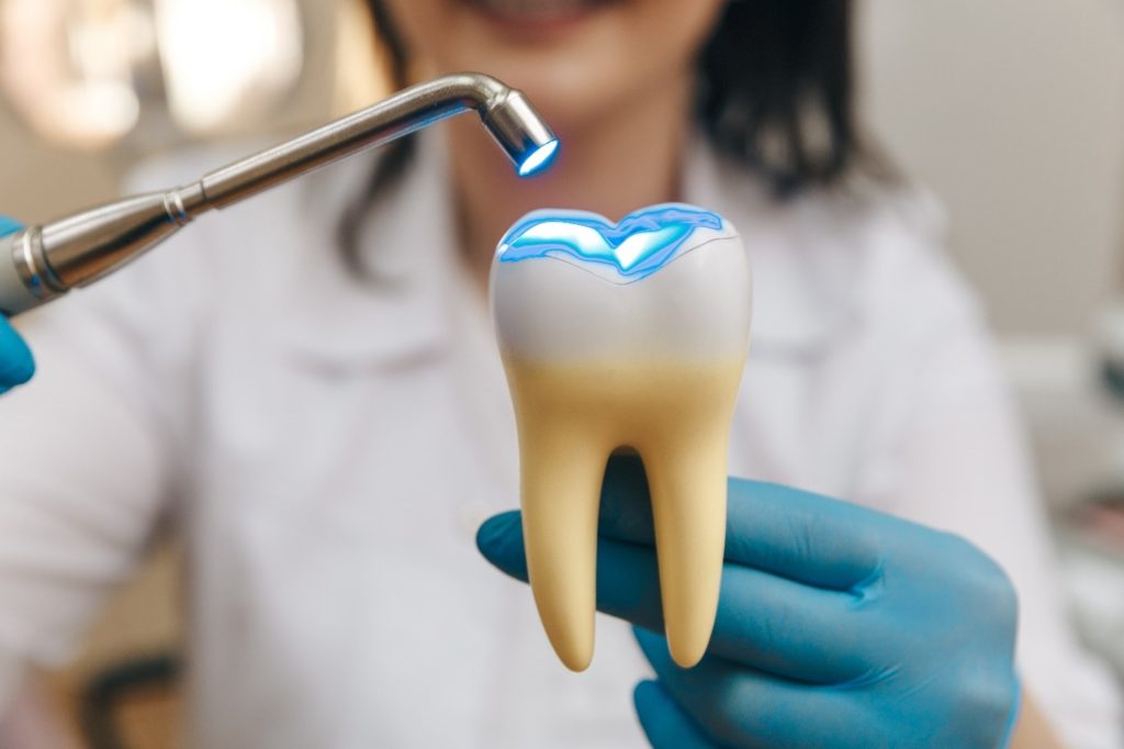 dentist filling a fake tooth